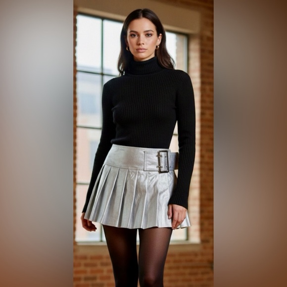 SHEIN Dresses & Skirts - SHEIN Ele Petrella Faux Leather Silver Pleated Slit Buckle Micro Mini Skirt S